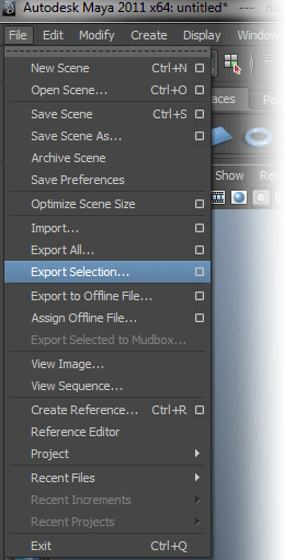 Menu Fichier Maya avec l'option Exporter la sélection en surbrillance