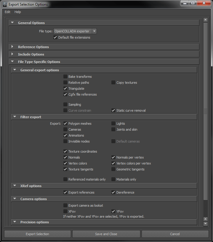 Boîte de dialogue des options d'exportation de sélection de Maya avec la case Triangulation cochée