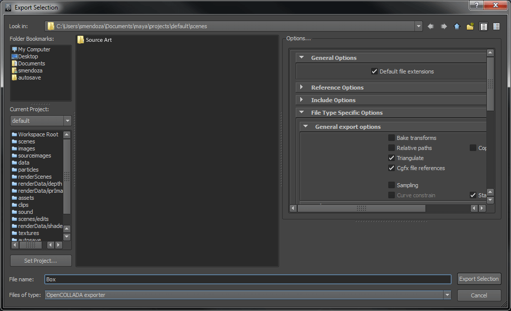 Navigateur de fichiers Maya Export Selection avec l'exportateur OpenCOLLADA sélectionné