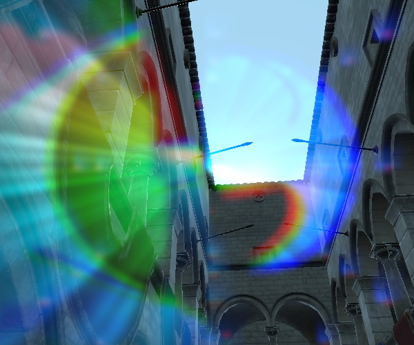 Cour en pierre avec lens flare montrant l'aberration chromatique