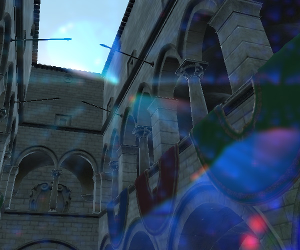 Cour en pierre avec 16 fantômes de lens flare