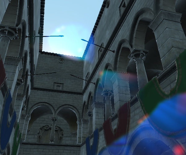 Cour en pierre avec des fantômes de lens flare très espacés