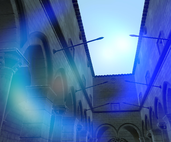 Cour en pierre avec lens flare, pas de starburst