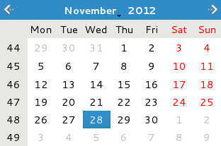 Widget de calendrier affichant le mois, l'année et un jour sélectionné