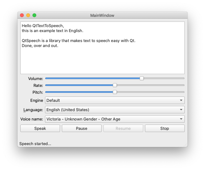 Capture d'écran montrant un outil de synthèse vocale avec des options permettant de modifier le volume, le débit, la hauteur, la langue du moteur et la voix du lecteur.
