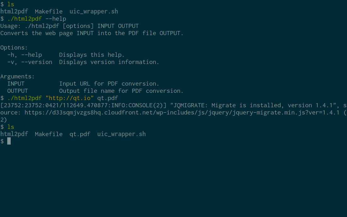 Fenêtre de terminal montrant les commandes pour convertir une page web en PDF à l'aide du script html2pdf