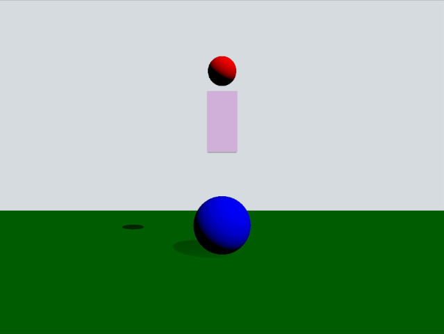 Capture d'écran d'un rendu 3D montrant une sphère bleue sur une surface verte, un bloc rectangulaire rose au-dessus, et une sphère rouge flottant au-dessus. Capture d'écran d'un rendu 3D montrant une sphère bleue sur une surface verte, un bloc rectangulaire rose au-dessus, et une sphère rouge flottant au-dessus.