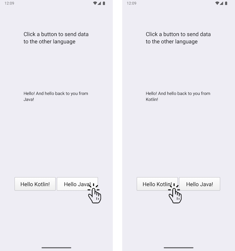 Deux captures d'écran côte à côte illustrant la réaction de l'application aux boutons « Hello Kotlin » et « Hello Java »