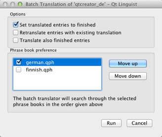 Capture d'écran montrant la fenêtre de traduction par lots de Qt Linguist avec les options et la sélection du livre de phrases.