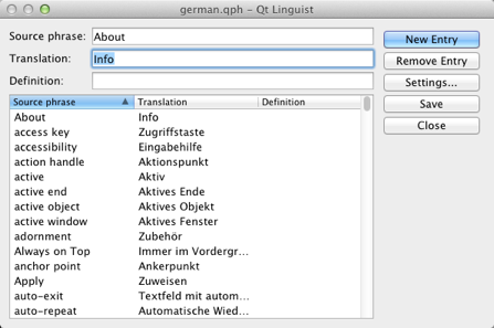 Capture d'écran de l'éditeur de livre de phrases Qt Linguist montrant les phrases sources avec les traductions allemandes.