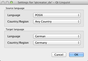 Capture d'écran montrant la fenêtre de paramétrage de Qt Linguist avec le langage source POSIX et le langage cible allemand.