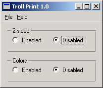 Capture d'écran montrant l'exemple d'interface utilisateur de Troll Print en anglais Capture d'écran montrant l'exemple d'interface utilisateur de Troll Print en anglais