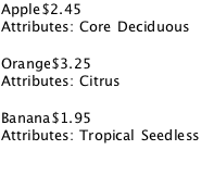 Liste de fruits avec données d'attributs imbriquées