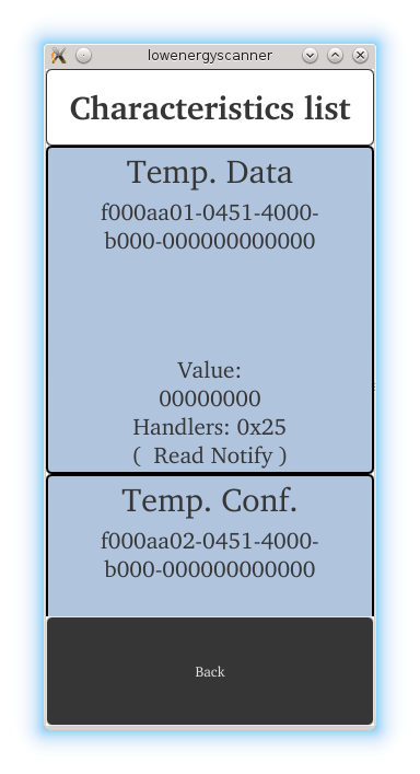 Caractéristiques du GATT répertoriées dans le scanner Qt BLE