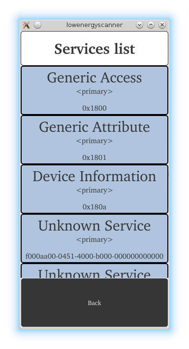 Services GATT trouvés à l'aide du scanner Qt BLE