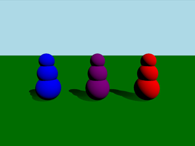 Capture d'écran d'un rendu 3D montrant trois sphères empilées sur une surface verte, colorées en bleu, violet et rouge de gauche à droite.