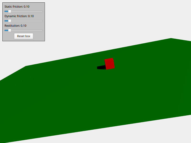 Une simulation 3D montrant une boîte rouge sur une surface verte inclinée, avec un panneau de contrôle sur la gauche contenant des curseurs pour le frottement statique, le frottement dynamique et la restitution, ainsi qu'un bouton "Réinitialiser la boîte". Une simulation 3D montrant une boîte rouge sur une surface verte inclinée, avec un panneau de contrôle sur la gauche contenant des curseurs pour le frottement statique, le frottement dynamique et la restitution, ainsi qu'un bouton "Réinitialiser la boîte".