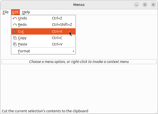 Application avec le menu Edition ouvert