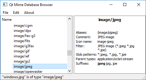 Capture d'écran de l'exemple de navigateur de type MIME