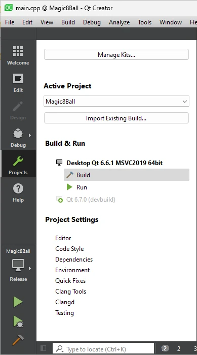 Capture d'écran montrant le kit msvc qui a construit le projet