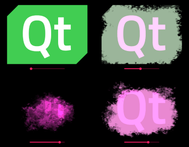 Quatre étapes de l'effacement du logo Qt avec masque et colorisation, du vert visible aux particules roses dissoutes