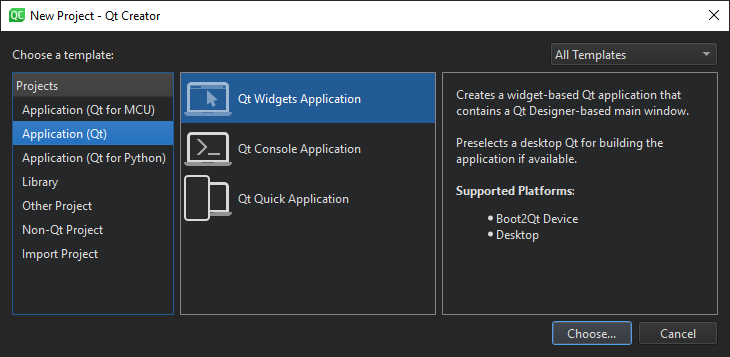 Boîte de dialogue Nouveau projet de Qt Creator