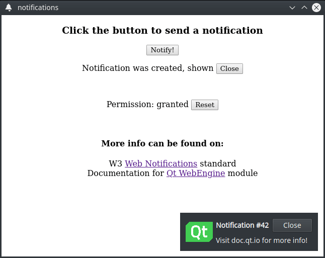Fenêtre de notification avec options d'envoi de notifications apparaissant en bas à droite de l'écran