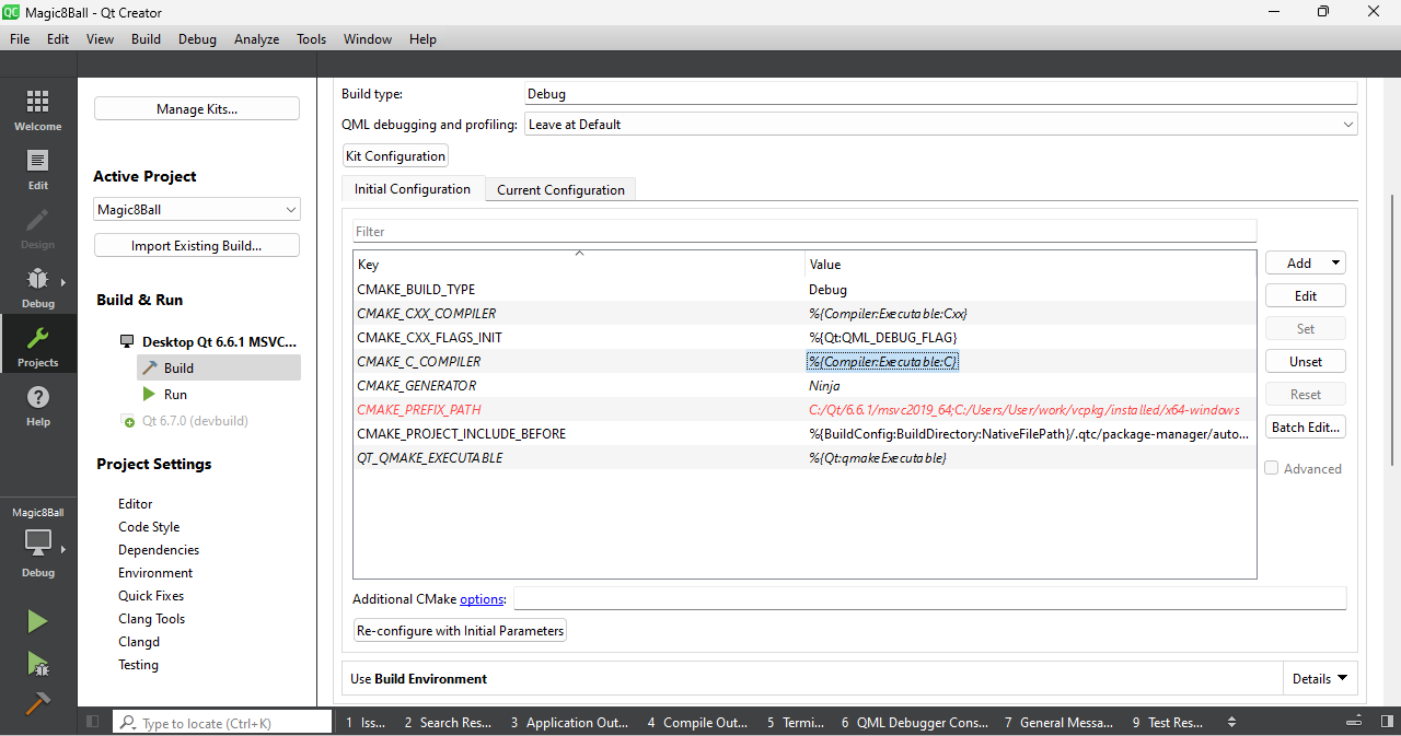Capture d'écran montrant les options de construction de Qt Creator avec le kit msvc