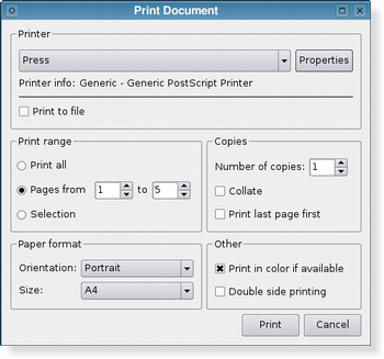 Capture d'écran du menu d'impression d'un document