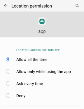 Écran des paramètres d'autorisation de localisation d'Android Écran des paramètres d'autorisation de localisation d'Android