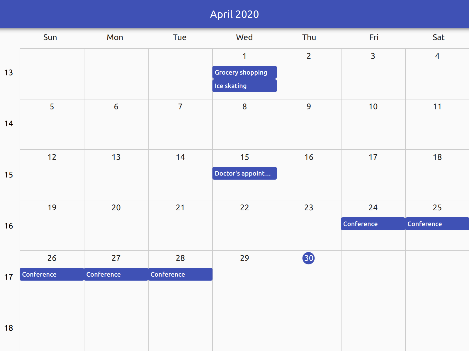 Application de calendrier affichant une vue mensuelle avec des indicateurs d'événements