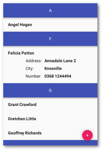 Application de liste de contacts indiquant les noms et les adresses