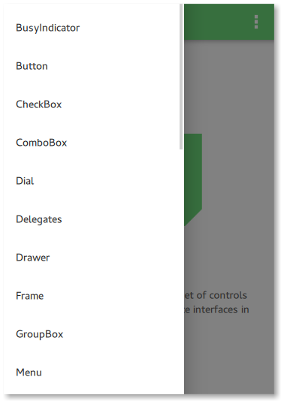 Menu à tiroir latéral affichant la liste des Qt Quick Controls