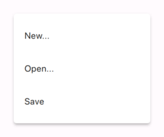 Menu avec New, Open, Save dans le style Material
