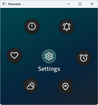 Interface d'un appareil portable montrant des icônes circulaires de lancement d'applications