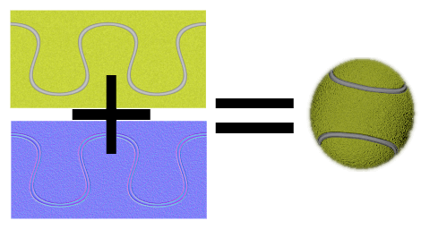 Combinaison de la carte des couleurs de base et de la carte des normales pour créer la texture d'une balle de tennis