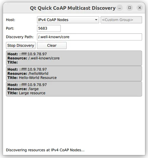 Fenêtre de découverte du multicast montrant les ressources CoAP découvertes