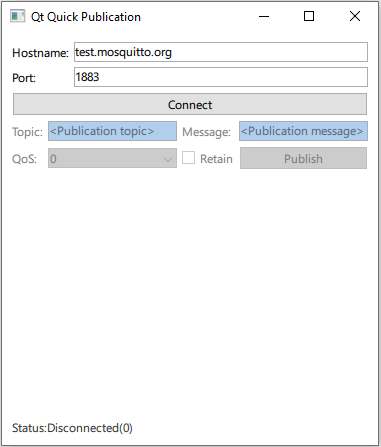 Interface de publication MQTT avec les champs Hostname, Port, Topic, Message, QoS et Retain