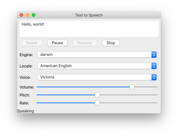 Capture d'écran montrant un outil de synthèse vocale avec des options permettant de changer le moteur, la localisation, la voix, le volume, la hauteur et le débit. Capture d'écran montrant un outil de synthèse vocale avec des options permettant de changer le moteur, la localisation, la voix, le volume, la hauteur et le débit.