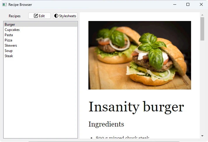 Navigateur de recettes avec liste de plats à gauche et détails de la recette sélectionnée à droite