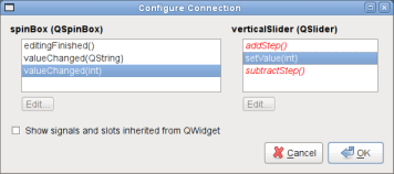Capture d'écran montrant la configuration pour connecter la spinbox avec le curseur, de sorte que la valeur de la spinbox modifie le curseur. Capture d'écran montrant la configuration pour connecter la spinbox avec le curseur, de sorte que la valeur de la spinbox modifie le curseur.