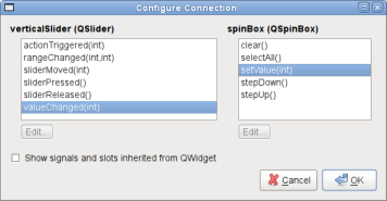 Capture d'écran montrant la configuration permettant de relier le curseur à la spinbox, de sorte que le curseur modifie la valeur de la spinbox. Capture d'écran montrant la configuration permettant de relier le curseur à la spinbox, de sorte que le curseur modifie la valeur de la spinbox.