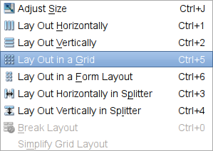 Capture d'écran montrant l'option de disposition en grille dans l'éditeur Qt Widgets Designer Capture d'écran montrant l'option de disposition en grille dans l'éditeur Qt Widgets Designer