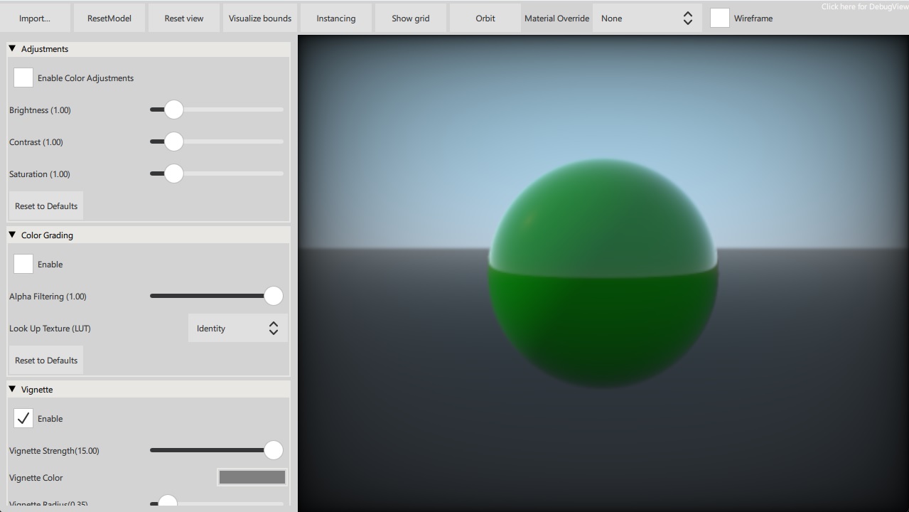 Sphère verte avec commandes d'environnement et barre d'outils