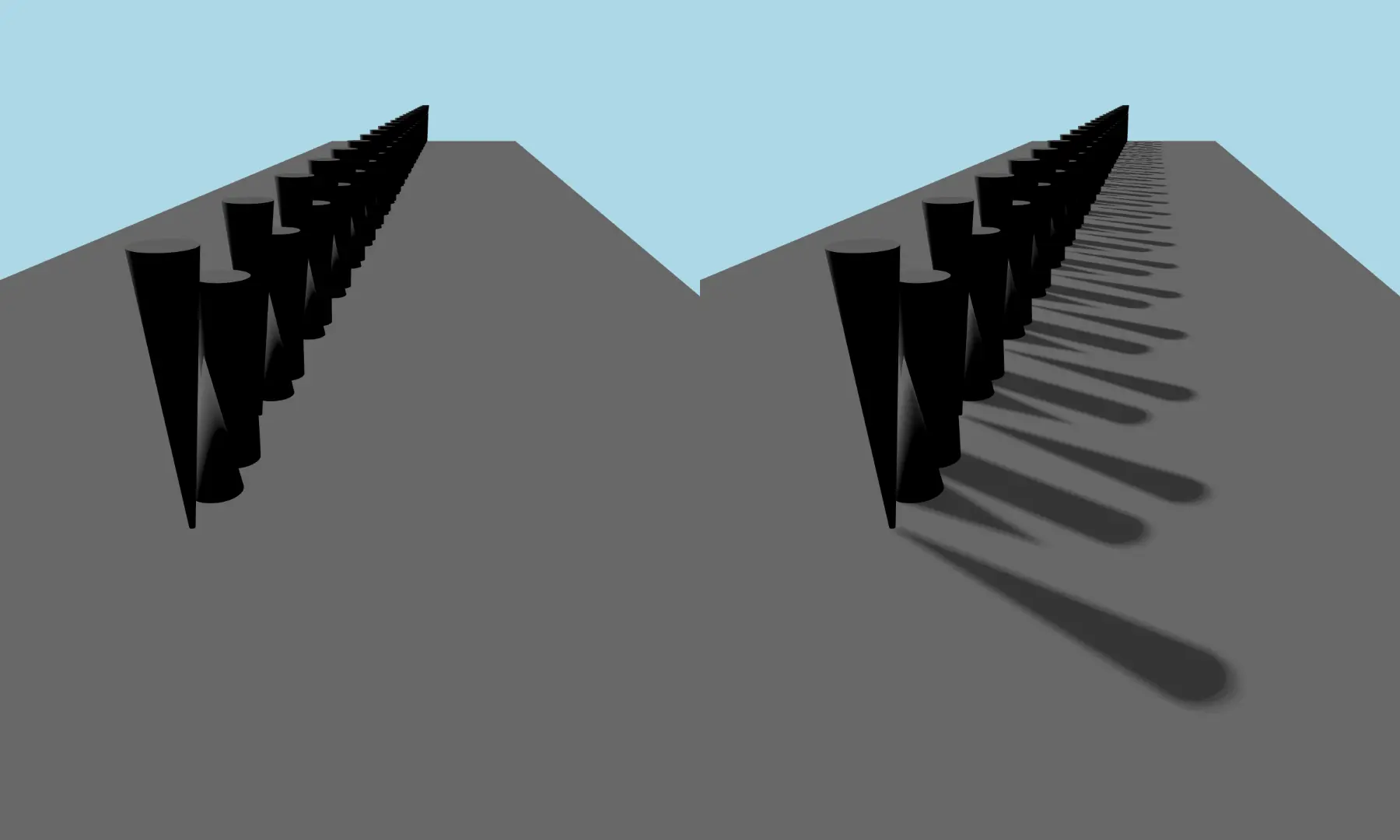 Comparaison d'une scène sans ombres et avec ombres activées Comparaison d'une scène sans ombres et avec ombres activées