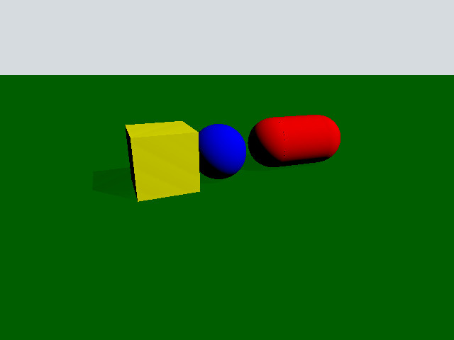 Capture d'écran d'un paysage vert avec trois objets 3D différents les uns à côté des autres. Capture d'écran d'un paysage vert avec trois objets 3D différents les uns à côté des autres.