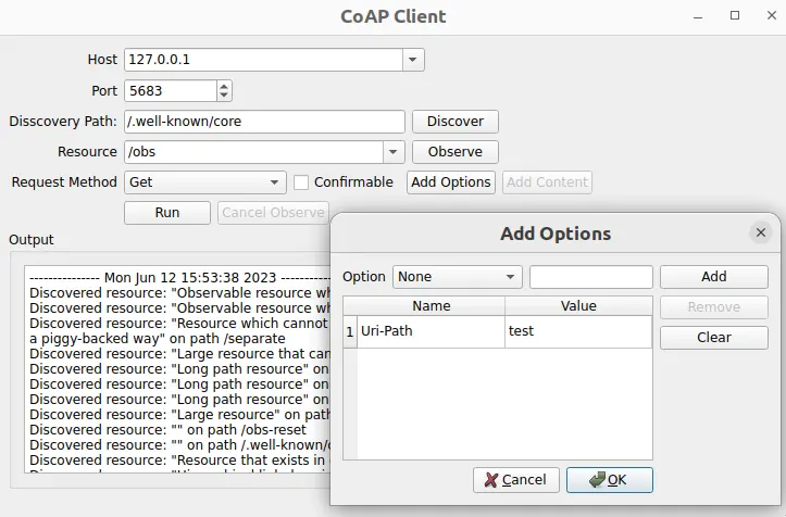 Fenêtre du client CoAP avec la boîte de dialogue Add Options et les ressources découvertes