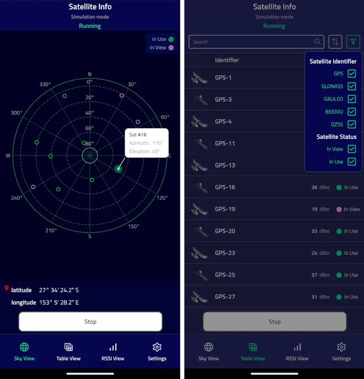 Vue satellite et tableau UI Vue satellite et tableau UI