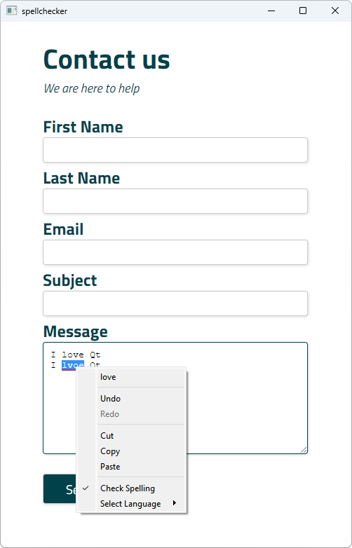 Formulaire avec champs nom, courriel et message affichant un menu contextuel avec correction orthographique et options linguistiques