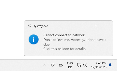 Fenêtre contextuelle de la barre d'état système concernant un problème de réseau